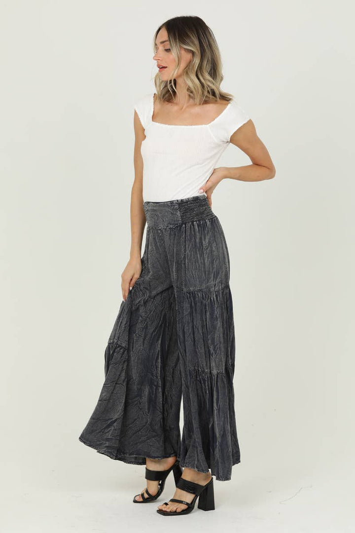 ACID WASH TIERED WIDE LEG PANTS
