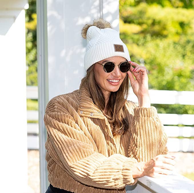 C.C Diagonal Stripe Faux Fur Beanie - White