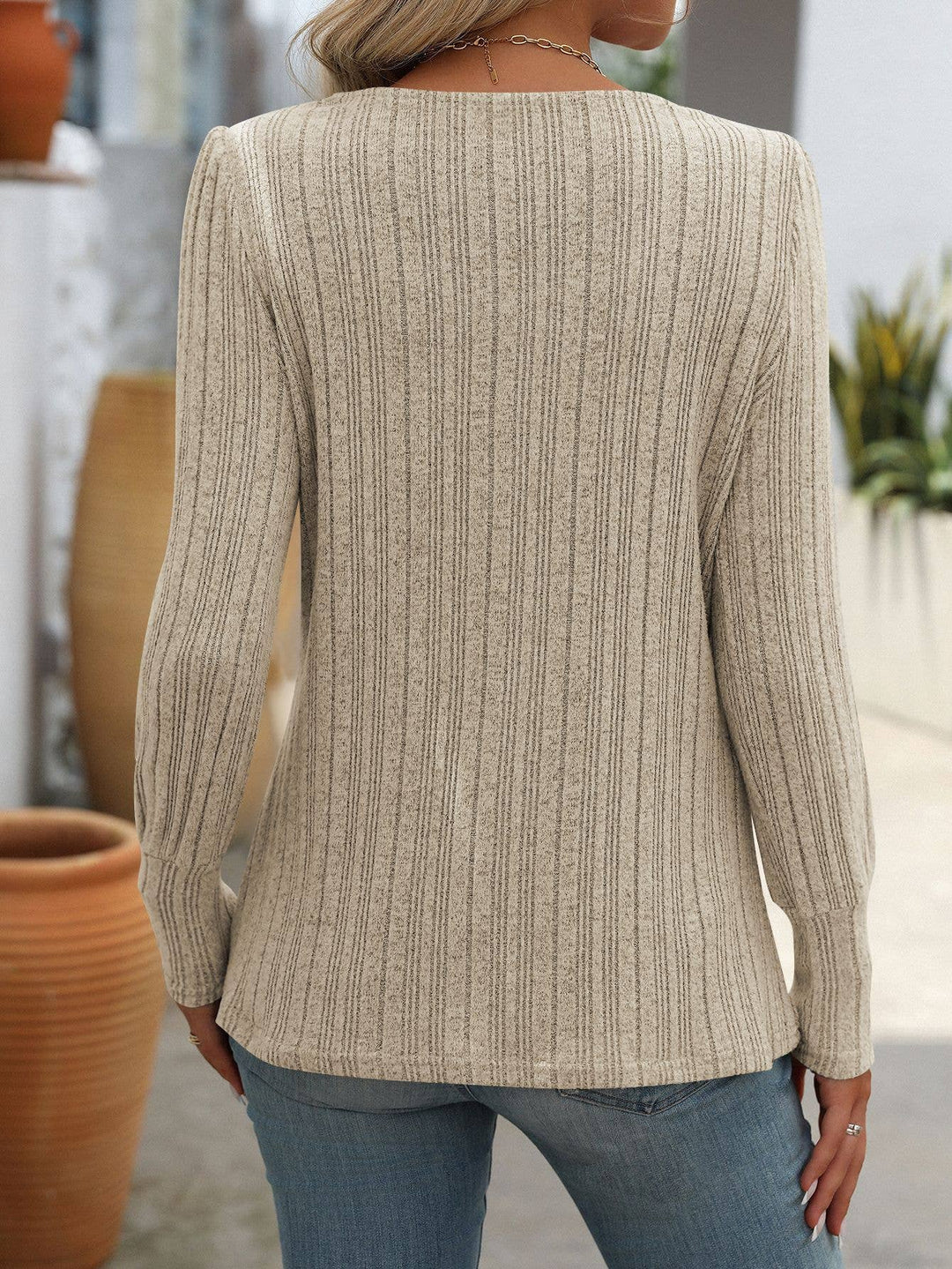 Square Neckline Buttoned Slit Long-Sleeved Top