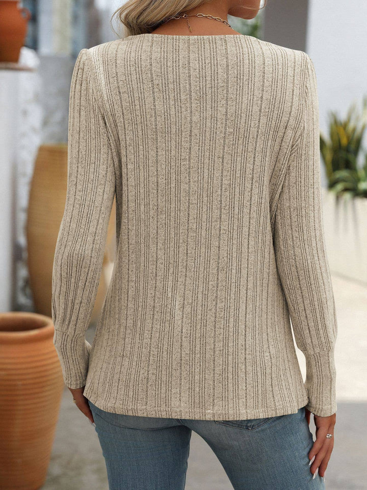 Square Neckline Buttoned Slit Long-Sleeved Top