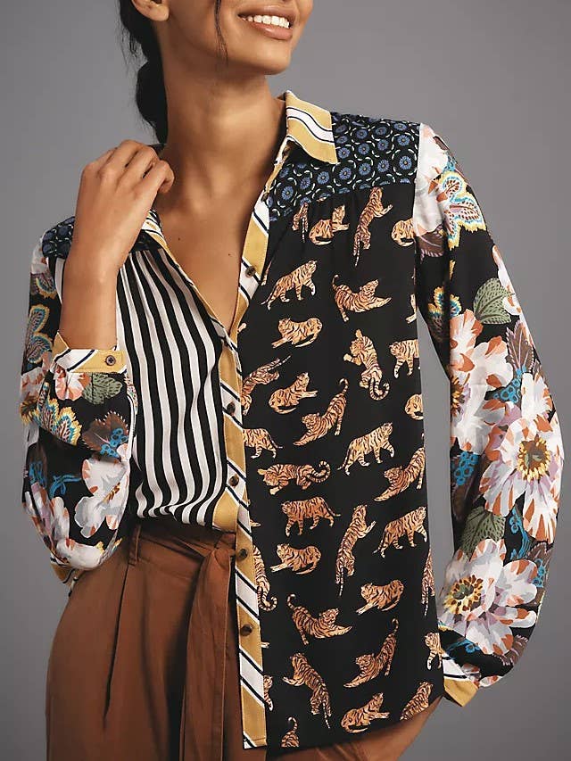 Patchwork Floral & Animal Print Button-Down Shirt