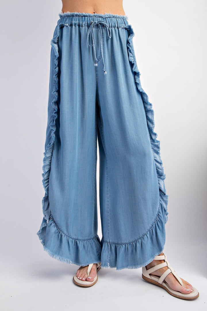 WASHED RUFFLE CHAMBRAY PANTS