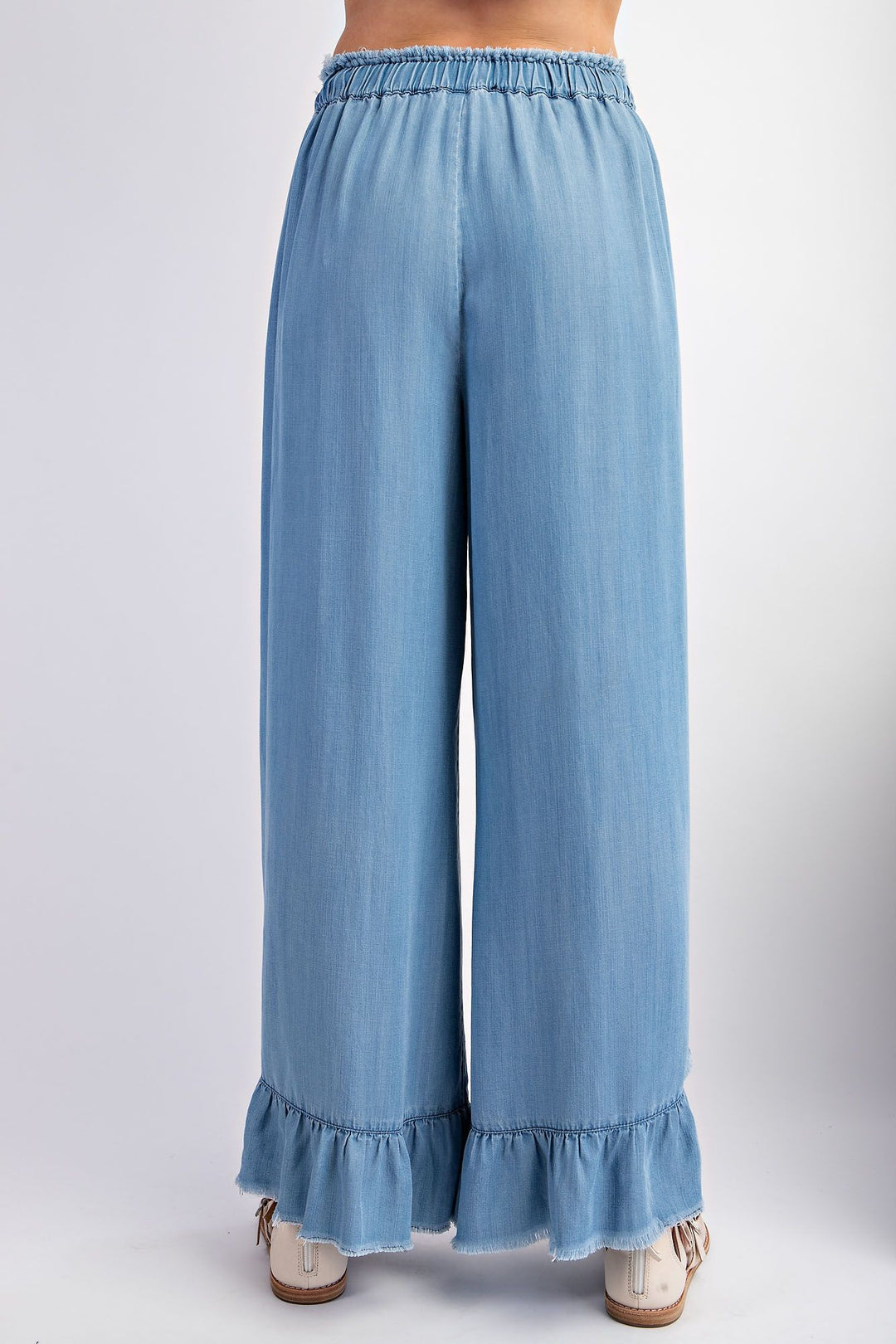 WASHED RUFFLE CHAMBRAY PANTS