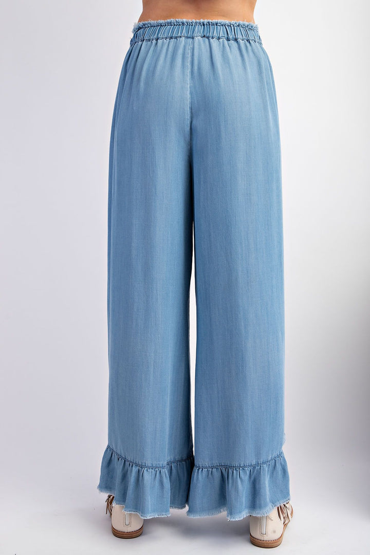 WASHED RUFFLE CHAMBRAY PANTS
