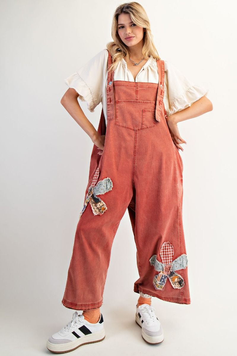 FLOWER PATCH WASHED DENIM OVERALLS BOHO RED