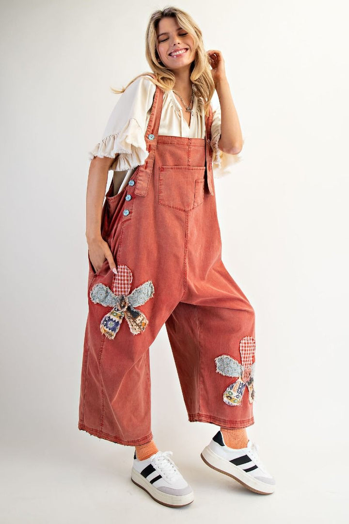 FLOWER PATCH WASHED DENIM OVERALLS BOHO RED