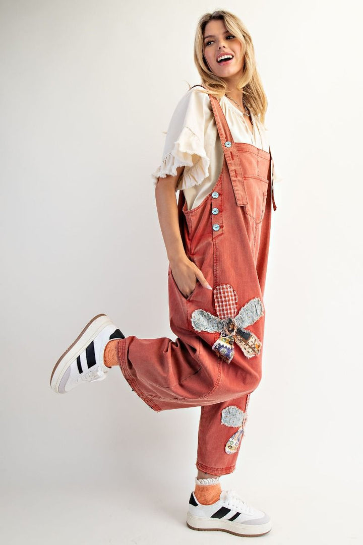 FLOWER PATCH WASHED DENIM OVERALLS BOHO RED