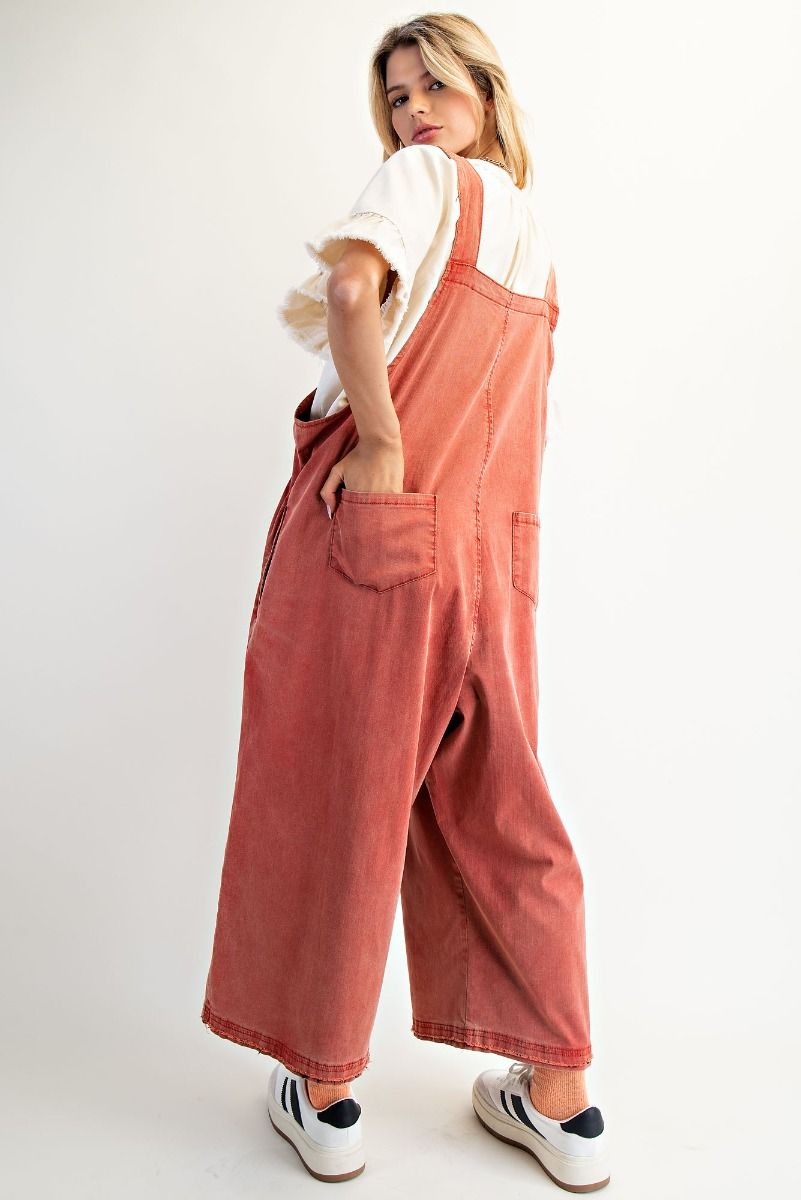 FLOWER PATCH WASHED DENIM OVERALLS BOHO RED