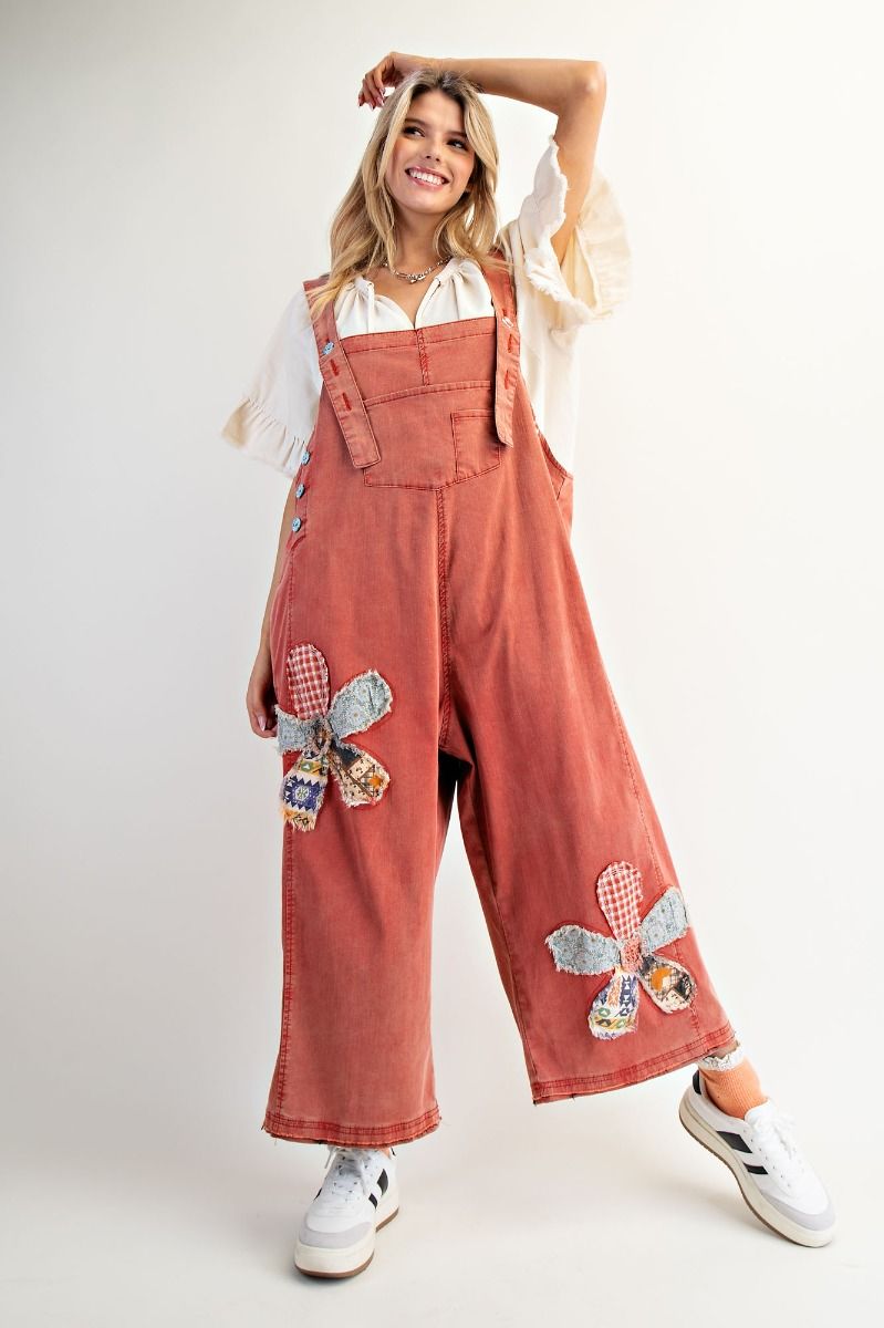 FLOWER PATCH WASHED DENIM OVERALLS BOHO RED