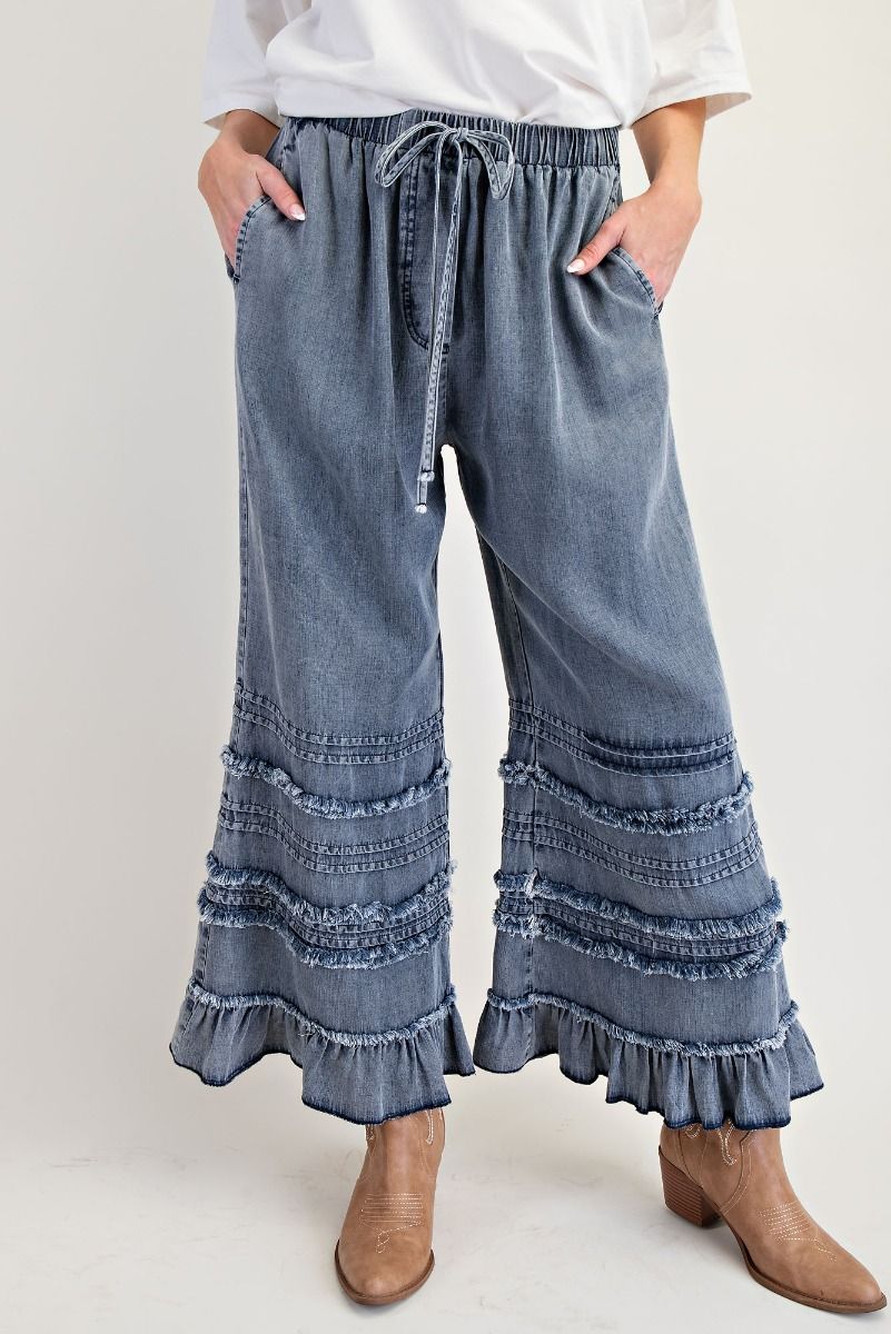 SELF FRAY WASHED CHAMBRAY PANTS