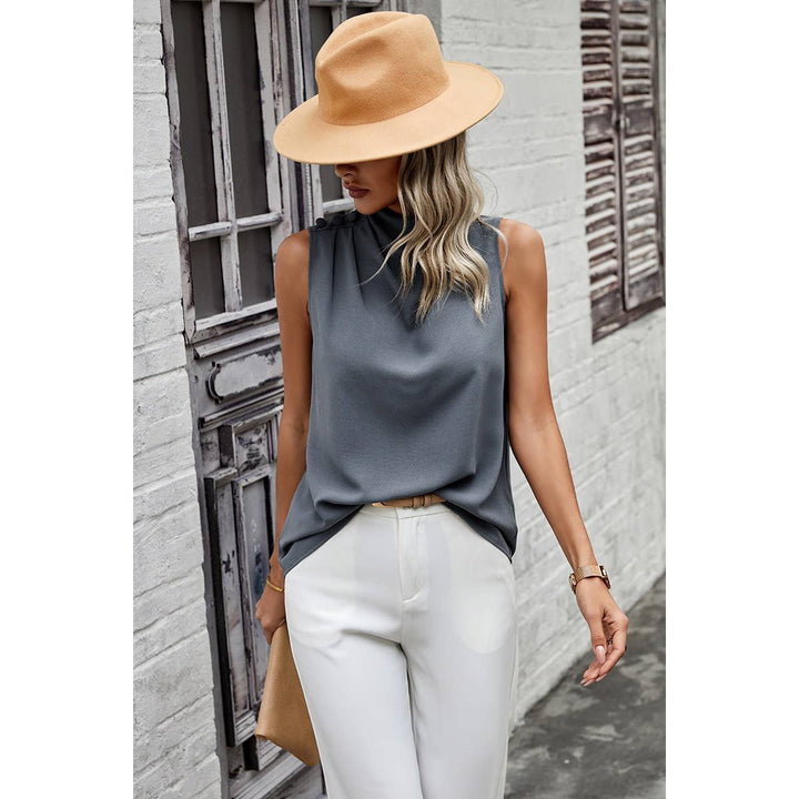 Button Trim Layered Collar Sleeveless Blouse