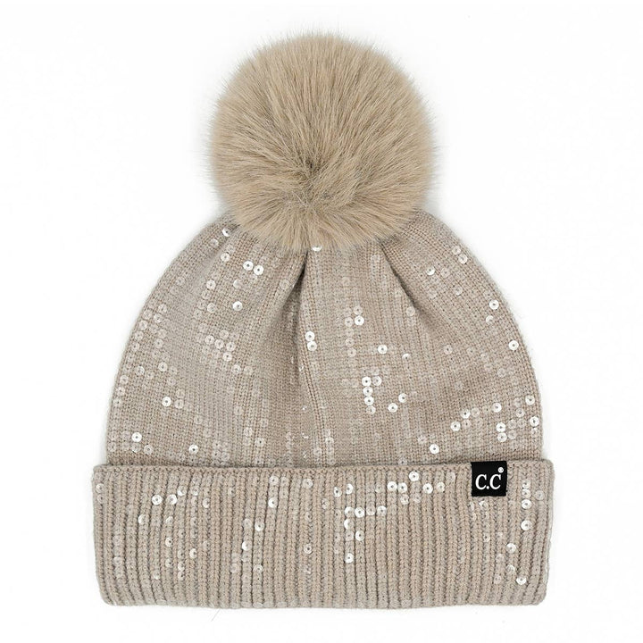 Sequin Pom Beanie -Taupe
