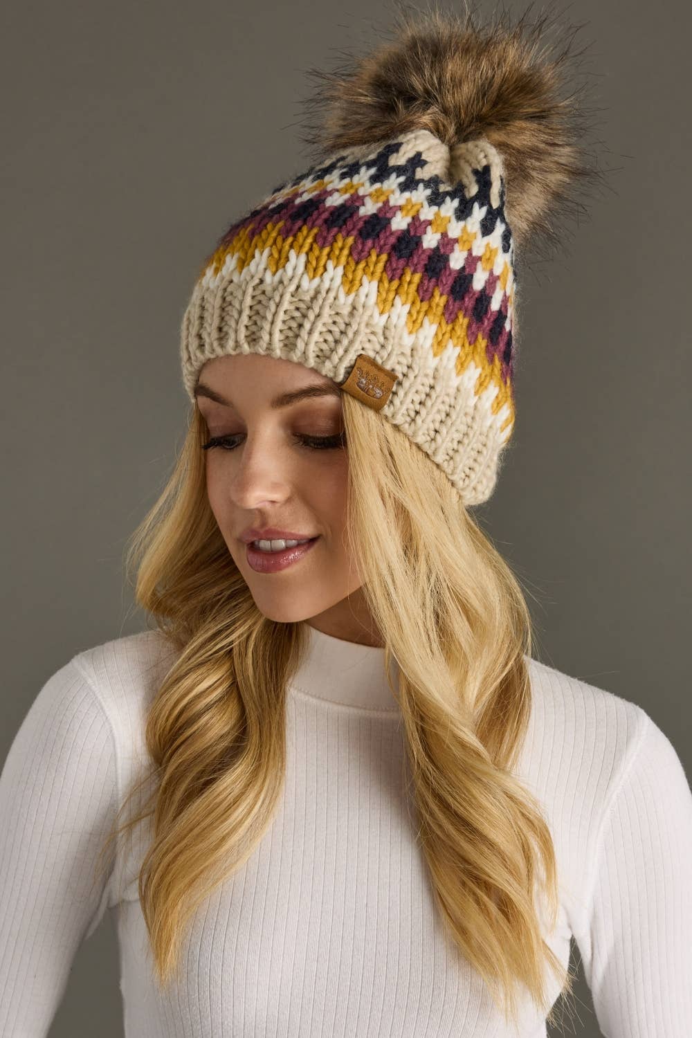 Beige, Navy & Mustard  Pom Hat