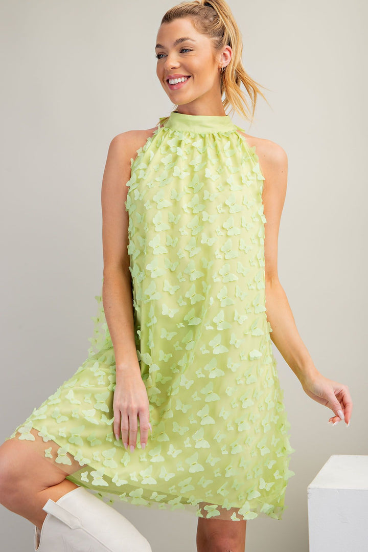 BUTTERFLY APPLIQUE MESH HALTER DRESS