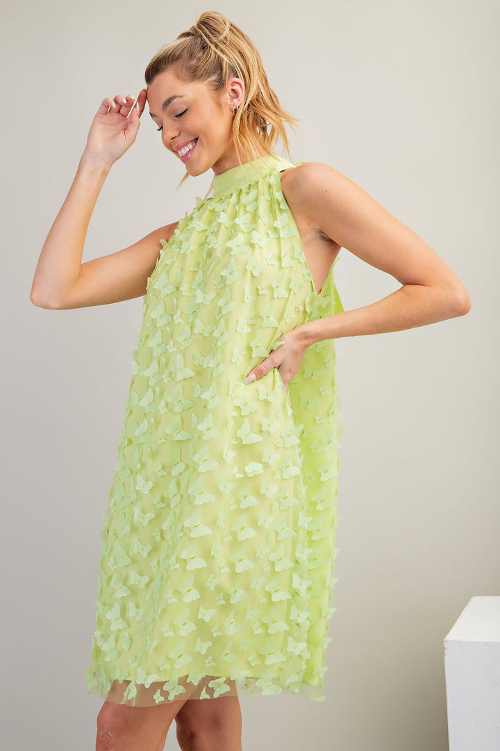 BUTTERFLY APPLIQUE MESH HALTER DRESS