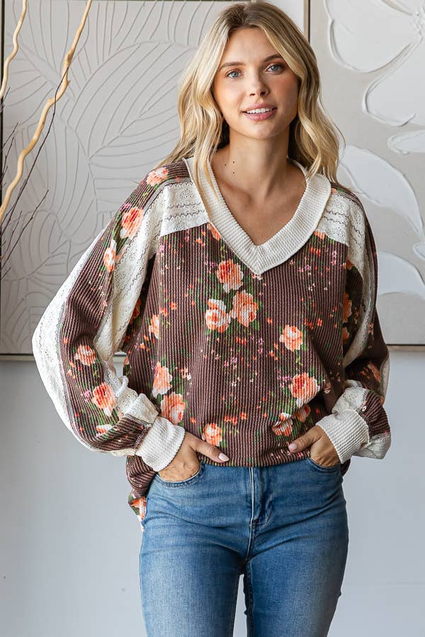 Floral V-Neck Knit Top with Lace Contrast