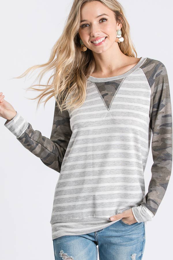 Stripe Camo Print Raglan Top