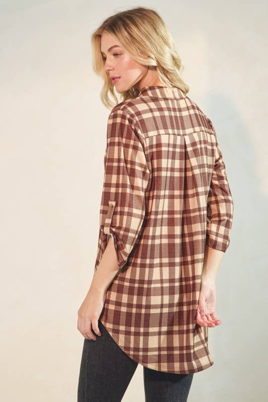 Button Sleeve Plaid Top