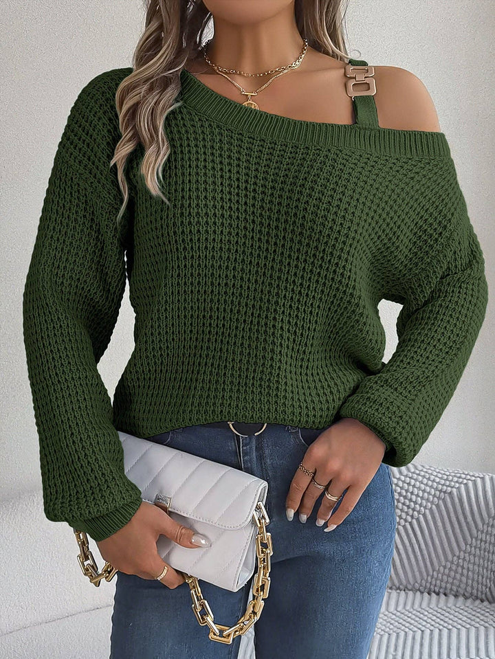 Off-Shoulder Lantern Sleeve Sweater with Metal Accents