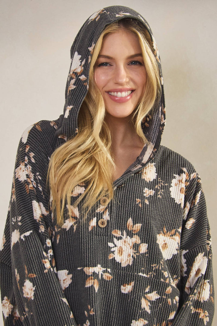 Ribbed Floral Top with hood