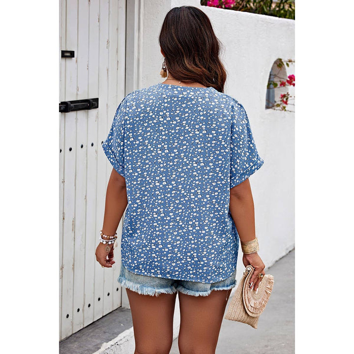 Plus Size Floral Print V Neck Short Sleeve Blouse