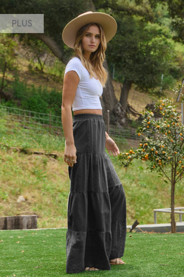 Plus Acid Wash Tired Mixed Fabric Palazzo Pants