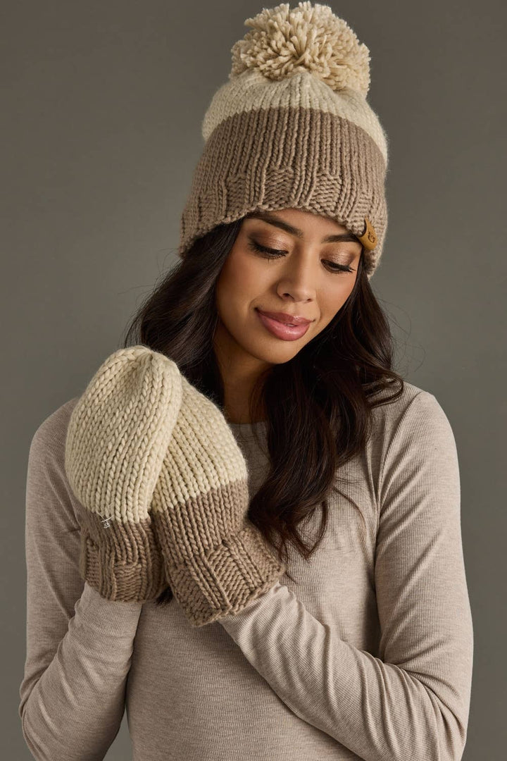 Beige & Taupe Color Block Pom Hat