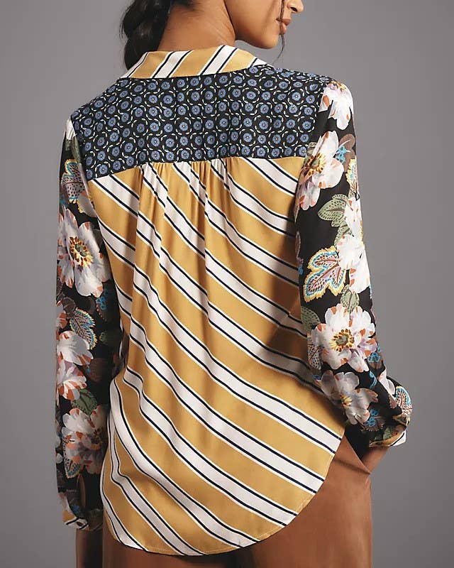 Patchwork Floral & Animal Print Button-Down Shirt
