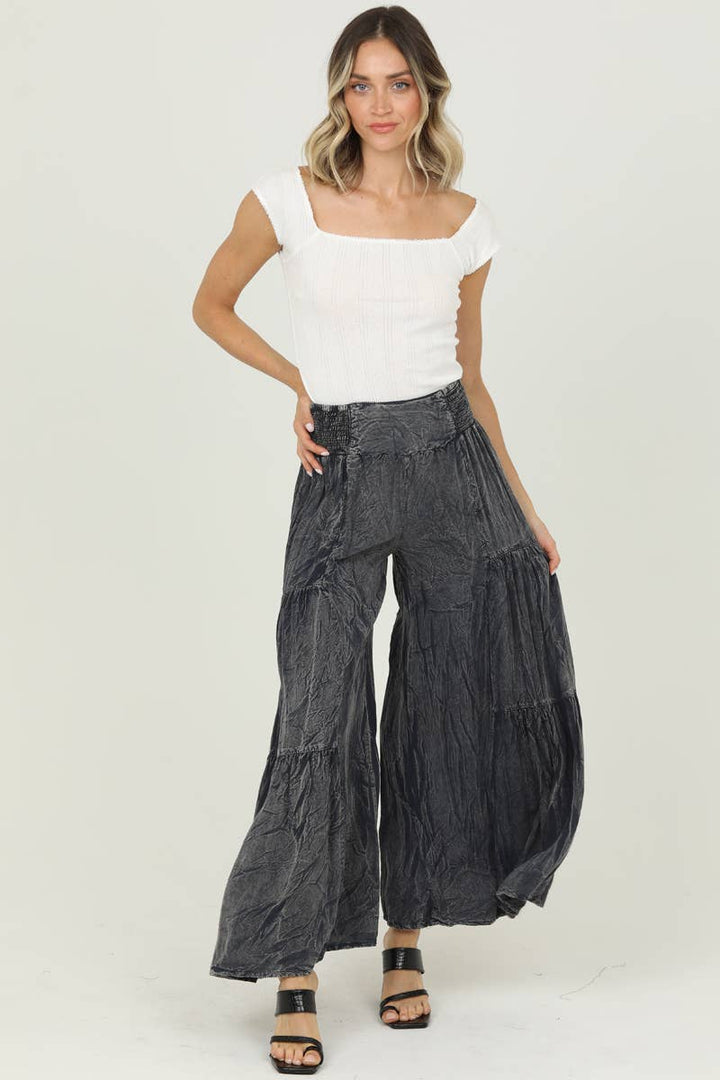 ACID WASH TIERED WIDE LEG PANTS