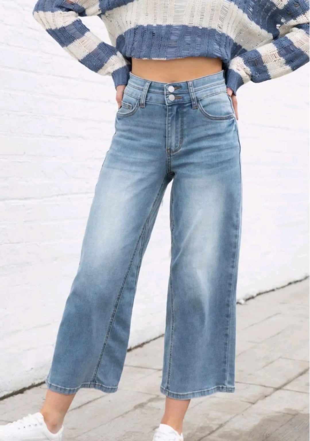 High Waist Double Waistband Wide Leg Crop 88616