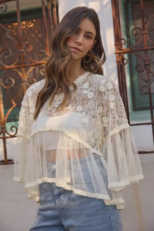 Floral Lace Bell Sleeve Flowy Blouse