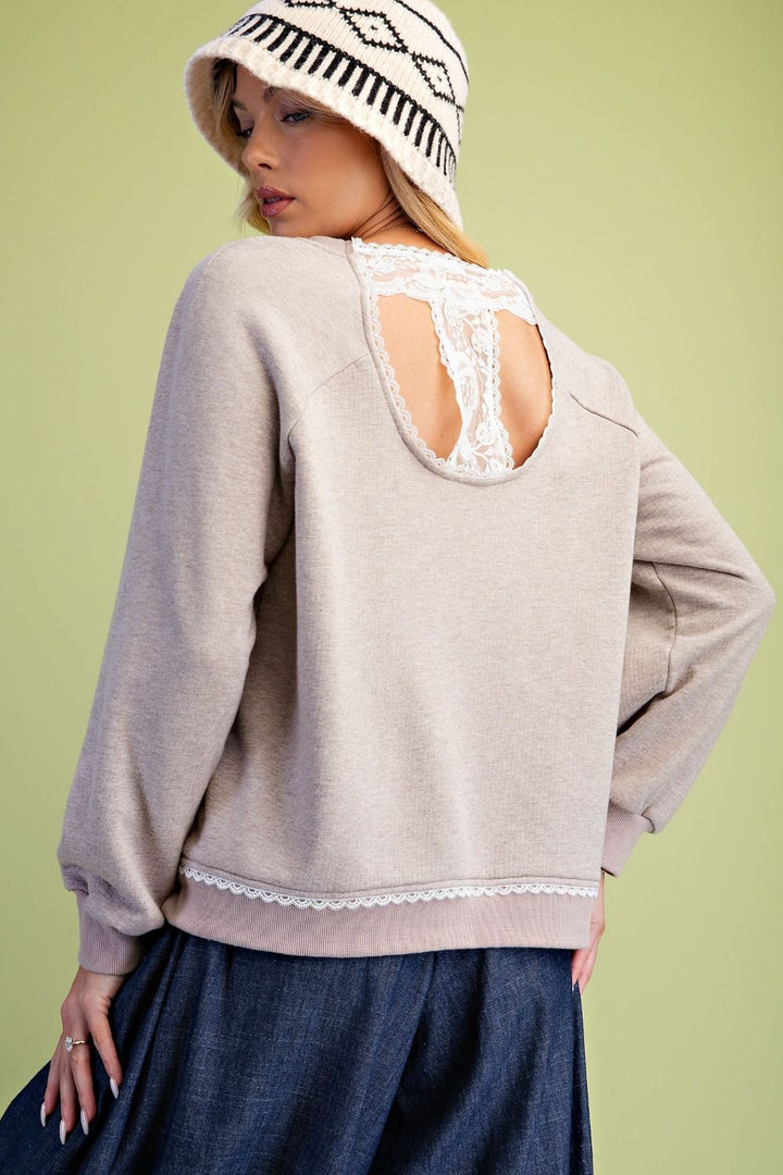 LACE BACK SOFT WASHED TERRY KNIT PULLOVER