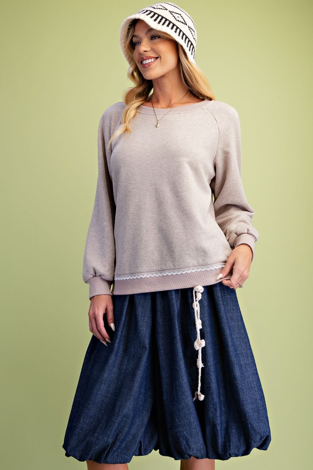 LACE BACK SOFT WASHED TERRY KNIT PULLOVER