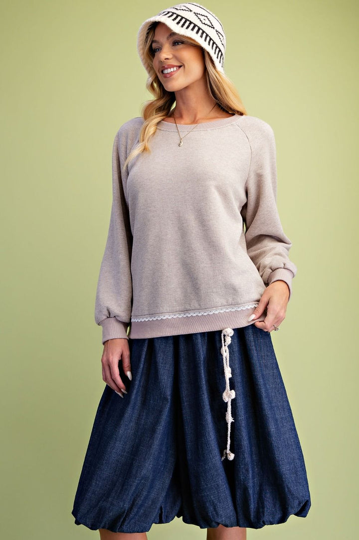 LACE BACK SOFT WASHED TERRY KNIT PULLOVER