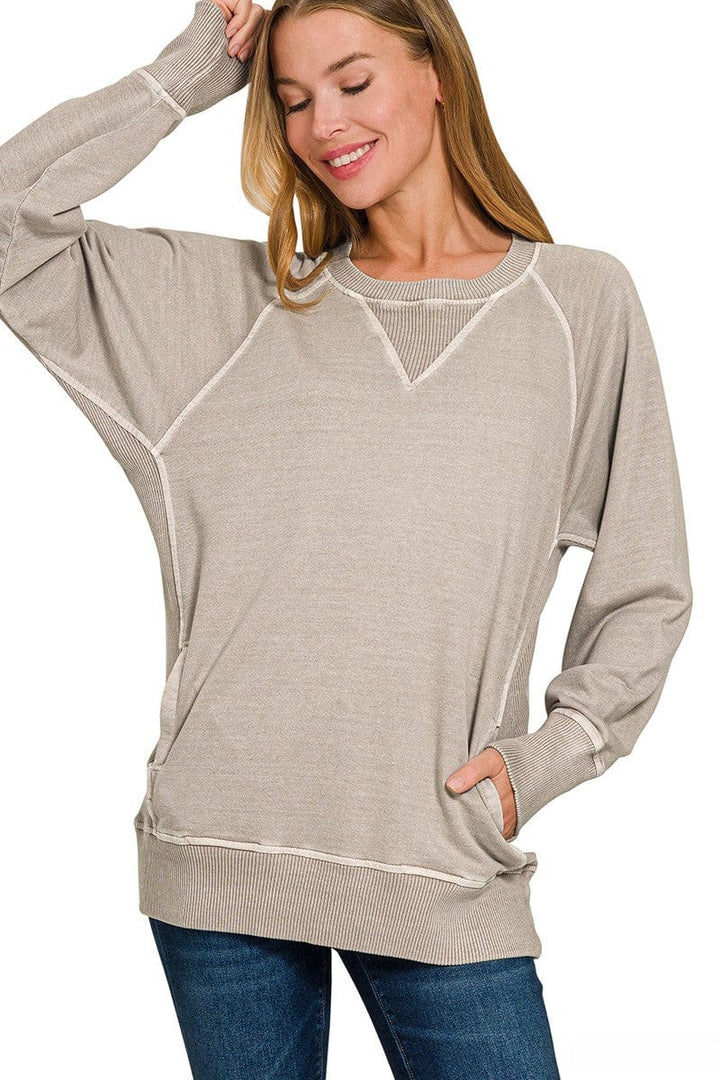 Zenana Pigment Dyed French Terry Pullover with Pockets